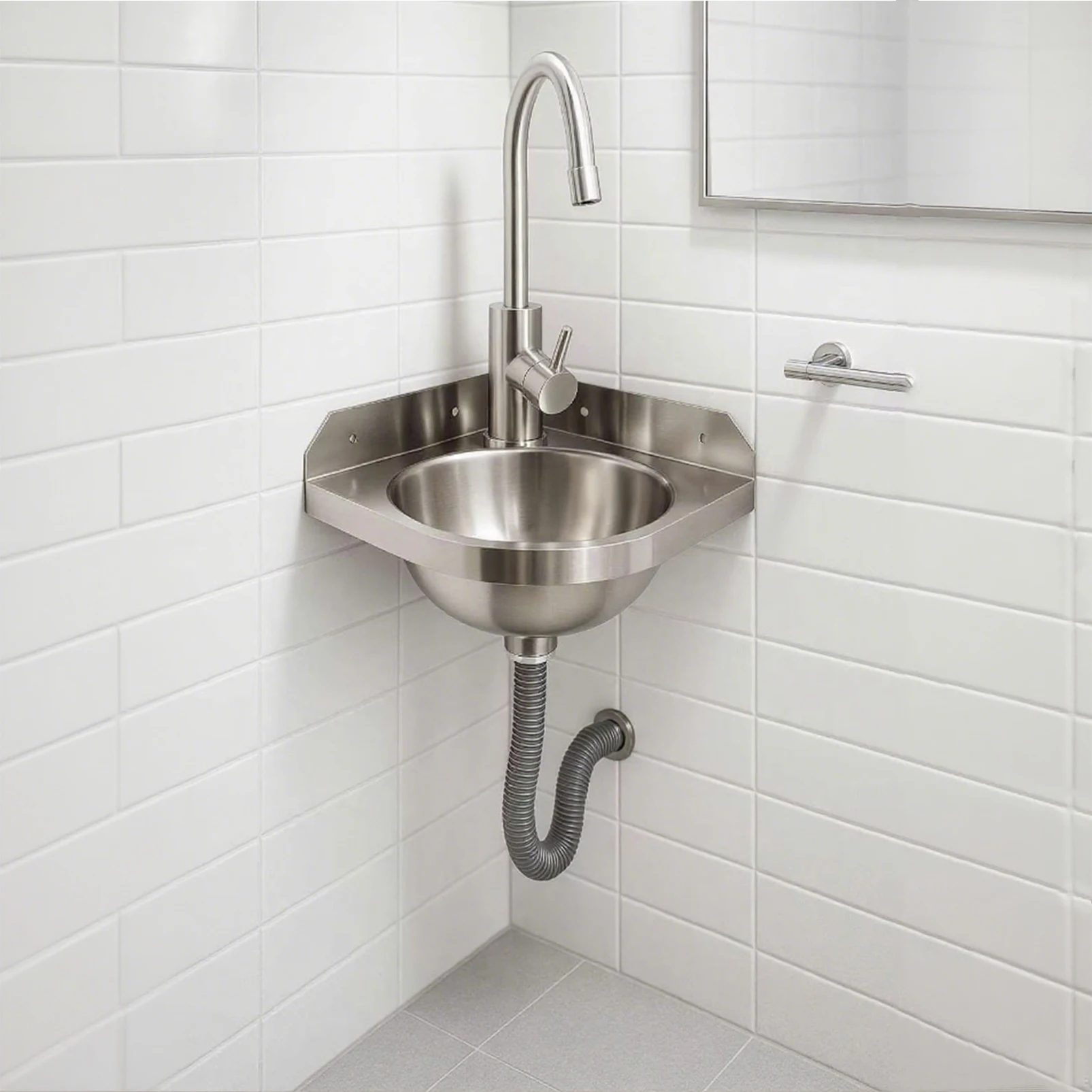 Mini lavabo d'angle mural en inox brossé pour petite salle d'eau