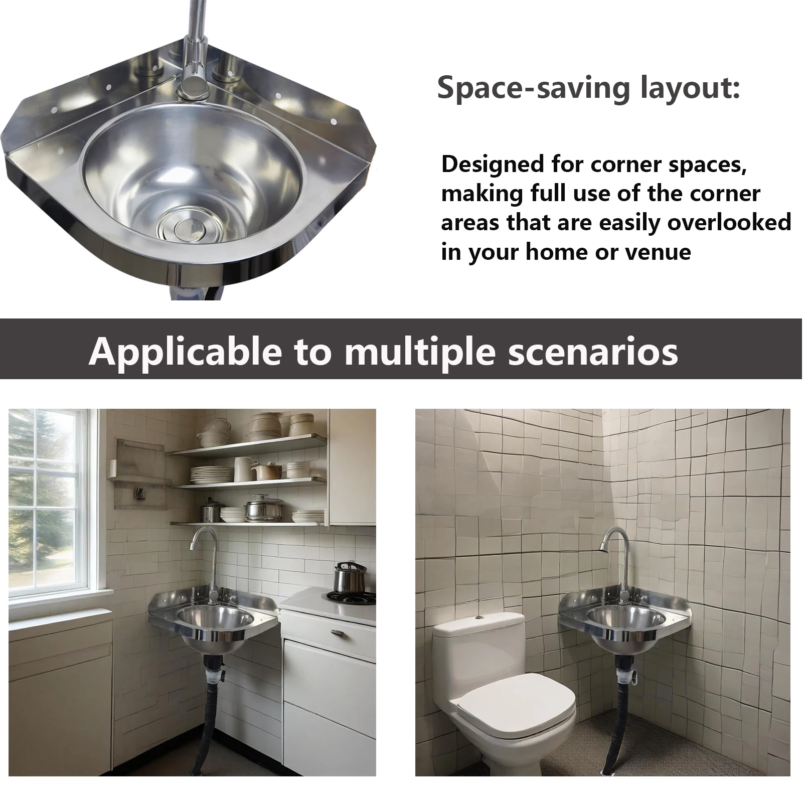 Mini lavabo d'angle mural en inox brossé pour petite salle d'eau – Image 3