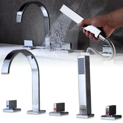 Mitigeur de bain 5 trous avec douchette à main et effet cascade – Image 2