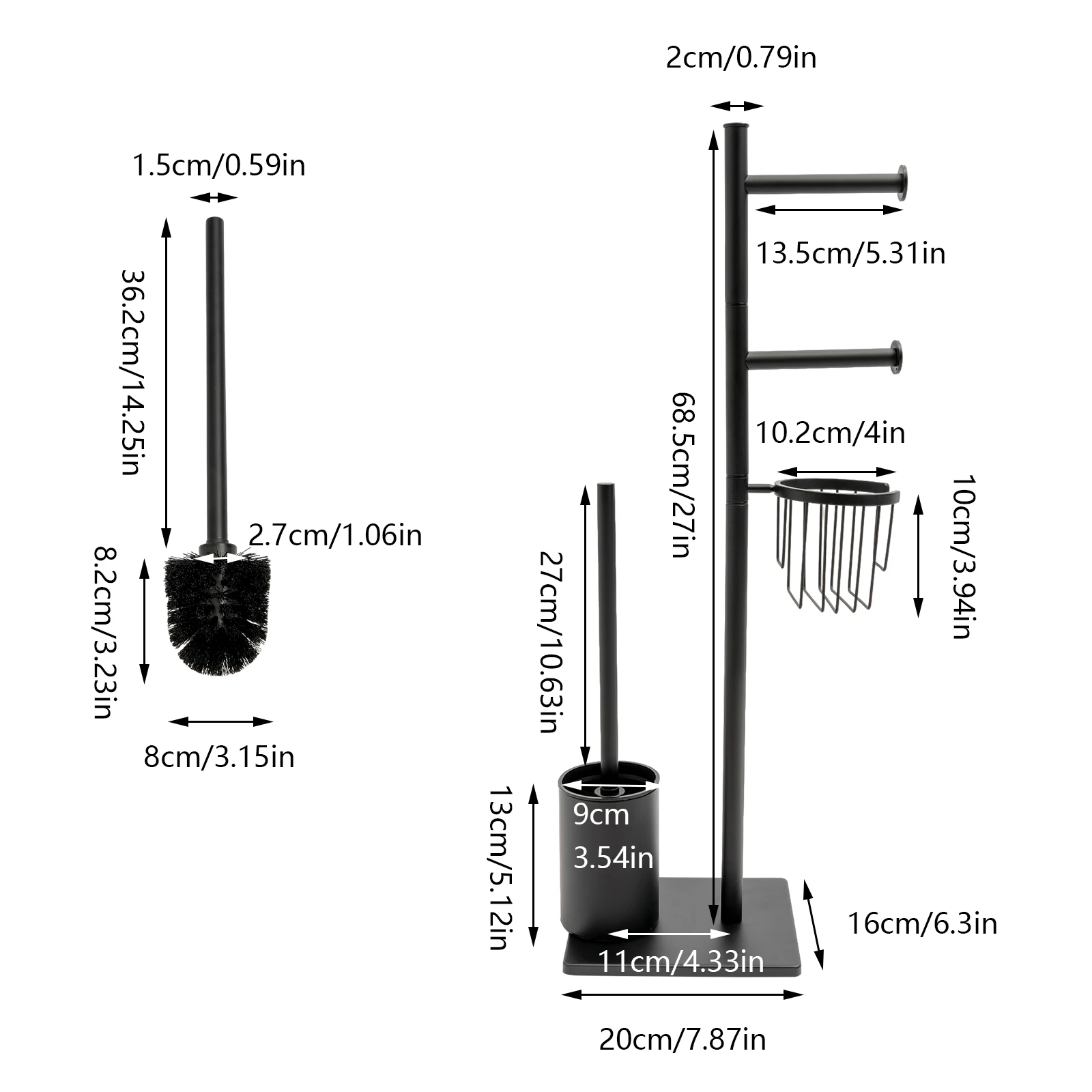 Porte-brosse avec porte-papier toilette et rangement vertical