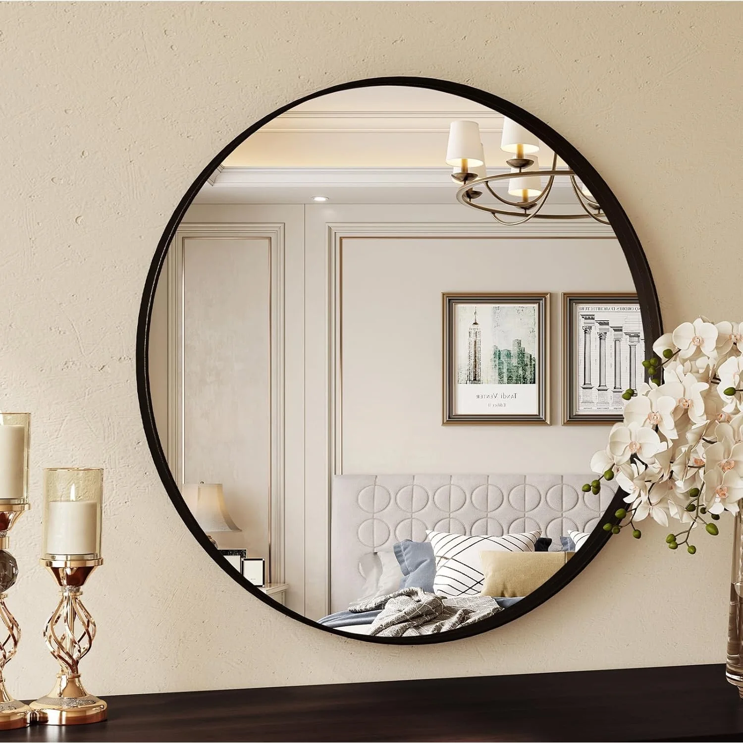 Miroir mural rond à cadre en métal brossé noir – Image 2