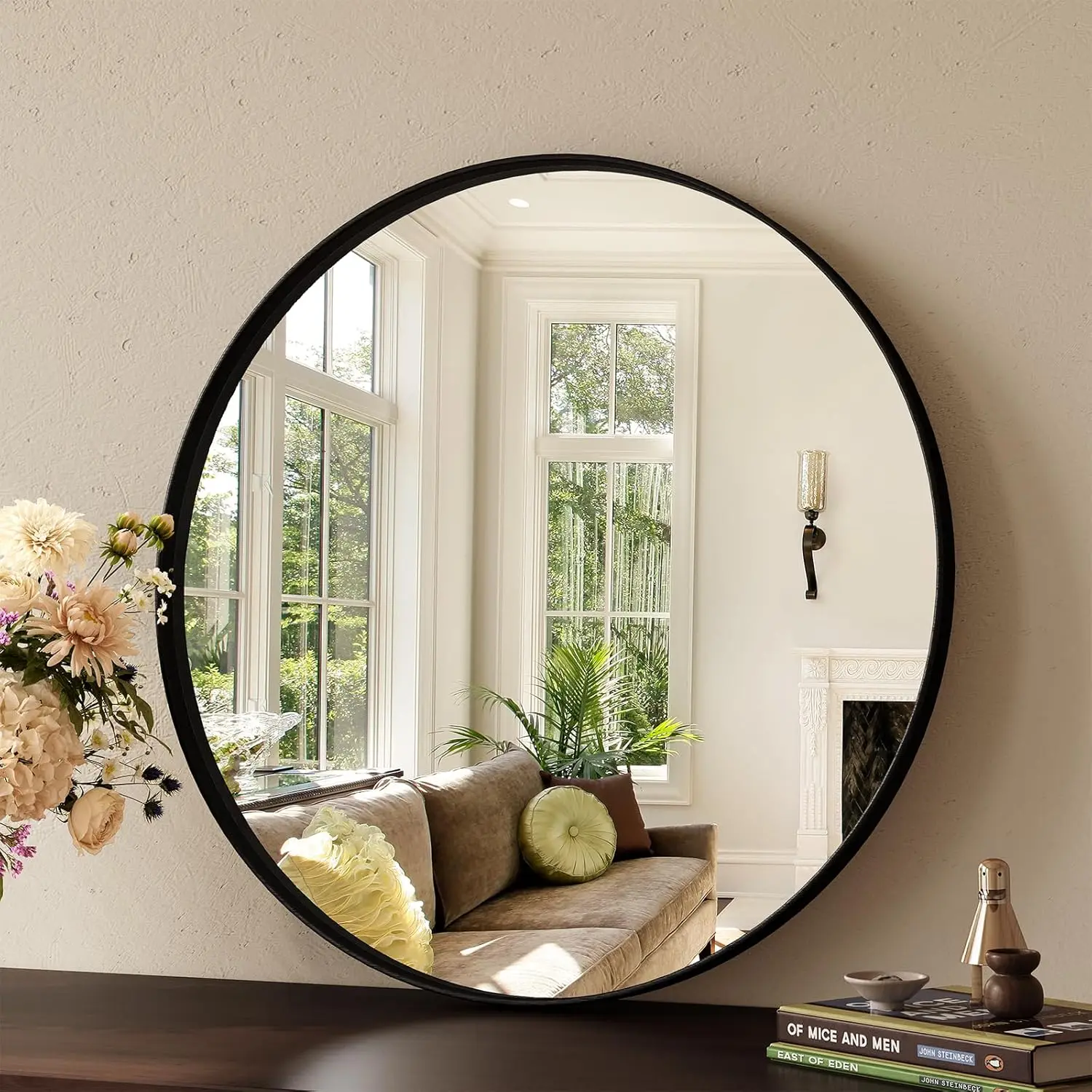 Miroir mural rond à cadre en métal brossé noir – Image 3
