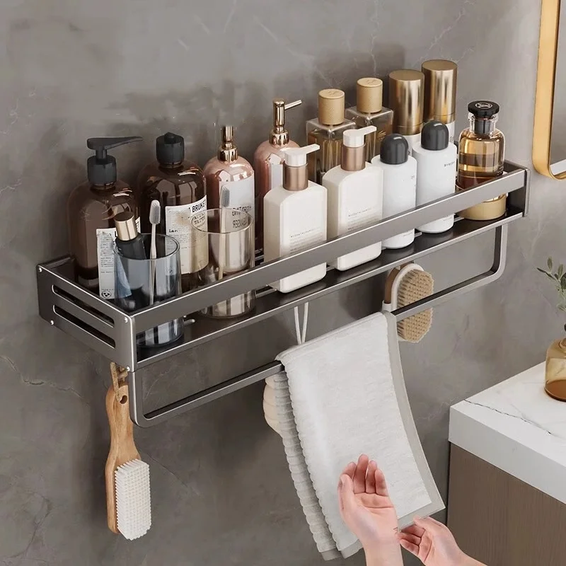 Étagère d'angle de douche en aluminium avec porte-serviettes – Image 3